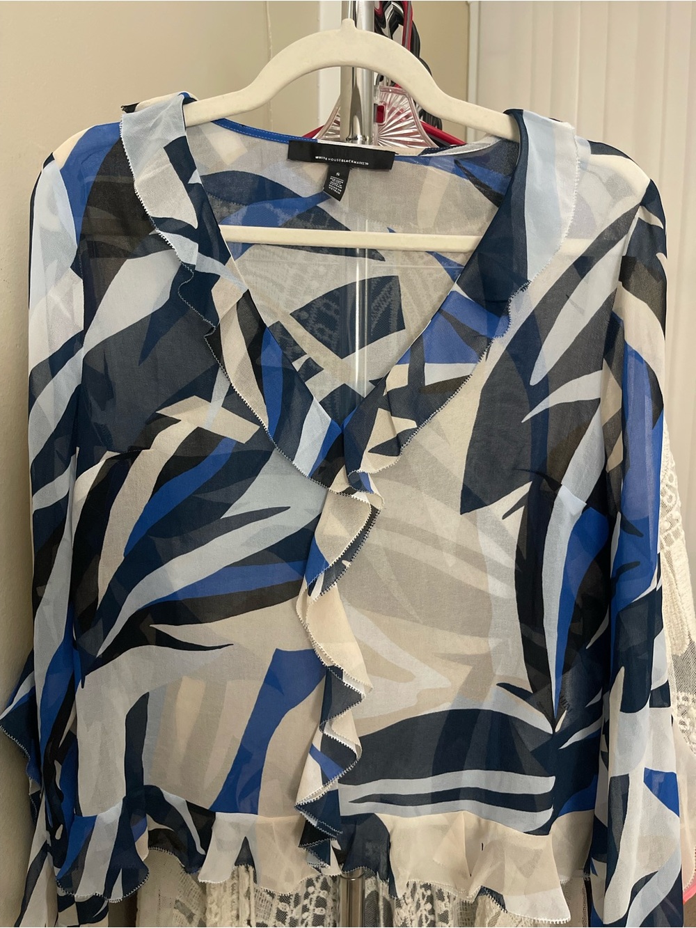 WHBM- Blue, Black & White Sheer Ruffle V-Neck Blouse